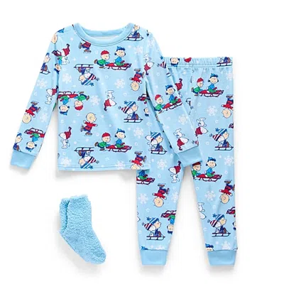 Licensed Properties Babies' Toddler Unisex Peanuts Snoopy Cozy Crew Neck Long Sleeve 3-pc. Pajama Set In Blue