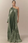 L'idée Mozart Asymmetric One-shoulder Pleated Gown In Green