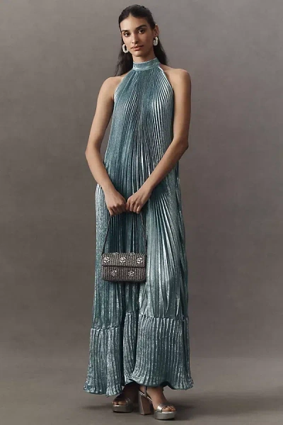 L'idée Mystique Pleated Shimmer Maxi Dress In Blue
