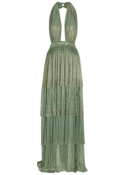 L'idée Nammos Halterneck Metallic-mesh Maxi Dress In Green