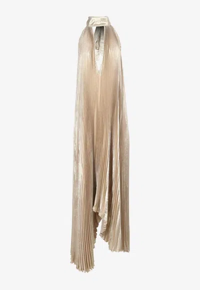 L'idée Opera Halterneck Plisse Gown In Gold