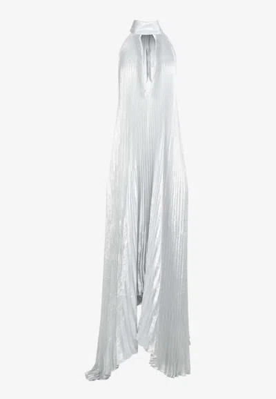 L'idée Opera Halterneck Plisse Gown In Silver