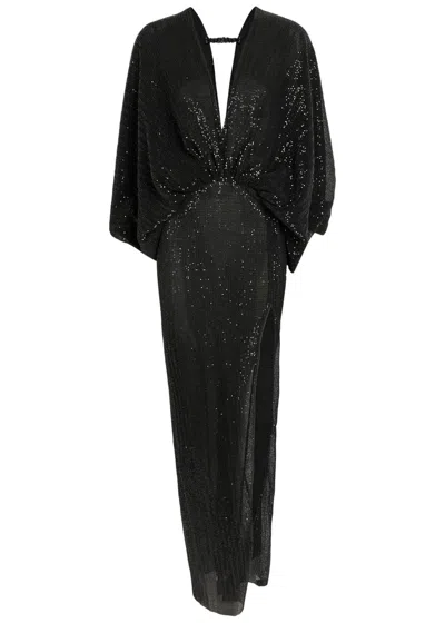 L'idée Paradiso Sequin-embellished Stretch-mesh Gown In Black
