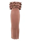 L'idée Pleated Ruffled Maxi Evening Dress In Brown