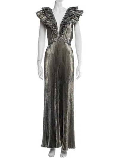 Pre-owned L'idée Plunge Neckline Long Dress In Green