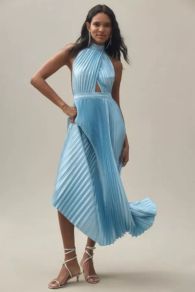 L'idée L'idee Renaissance Halter Side-slit Pleated Maxi Dress In Blue