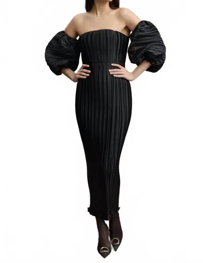 L'idée Sirene Plissé Puff-sleeve Maxi Dress In Noir Black