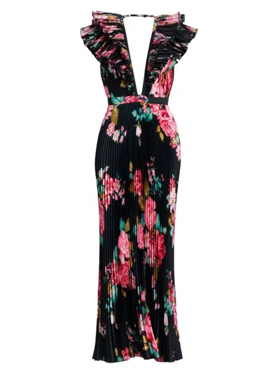 L'idée Women's Floral Pleated Plunge Maxi Dress In Nuite Rose