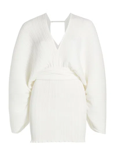 L'idée Galerie Pleated Crepe V-neck Mini Dress In Blanc Heavy Crepe