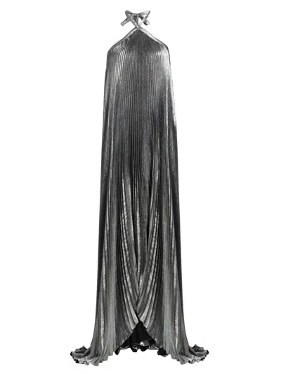 L'idée Women's La Fête Déesse Metallic Asymmetric Pleated Halterneck Gown In Gray