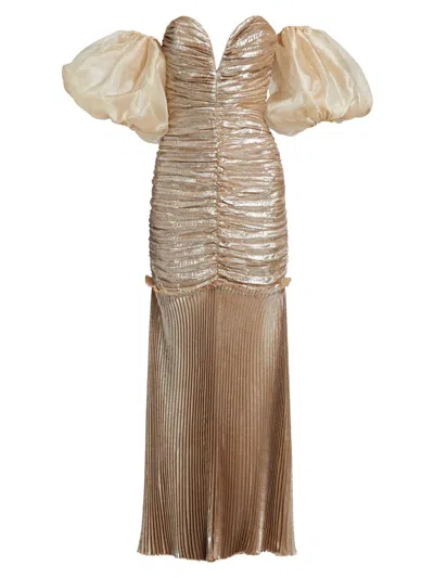 L'idée Women's La Fete Parlour Metallic Ruched Balloon-sleeve Gown In Gold
