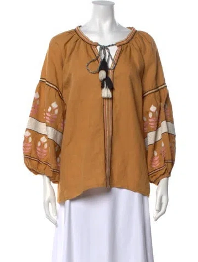 Pre-owned Lido Floral Print Tie Neck Blouse In Brown