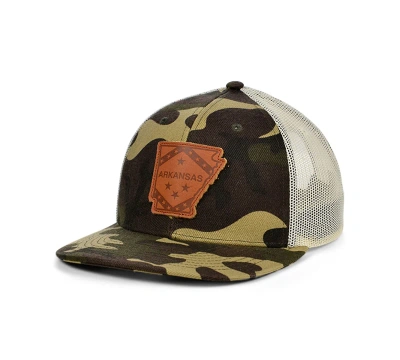 Lids Local Crowns Arkansas Woodland State Patch Curved Trucker Cap In Woodlandcamo,ivory,brown