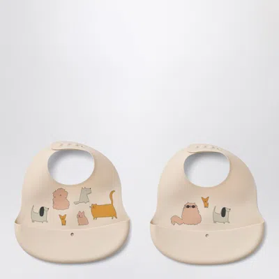 Liewood Set Of Two Ember Bibs In Pink/sand Cats And Dogs In White