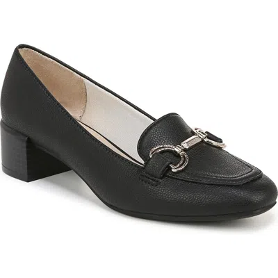 Lifestride Bliss Womens Cushioned Footbed Leather Loafer Heels In Black Faux Leather