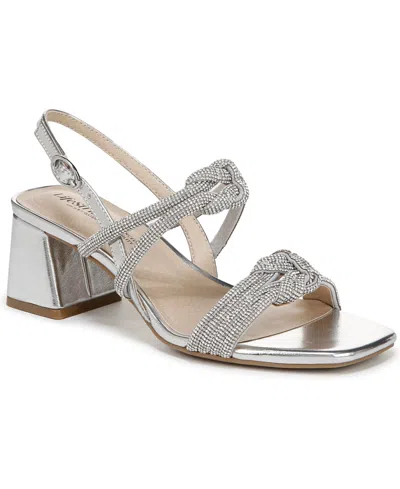 Lifestride Women's Charnelle Angled Block Heel Square Open Toe Slingback Dress Sandals In Silver Faux Leather