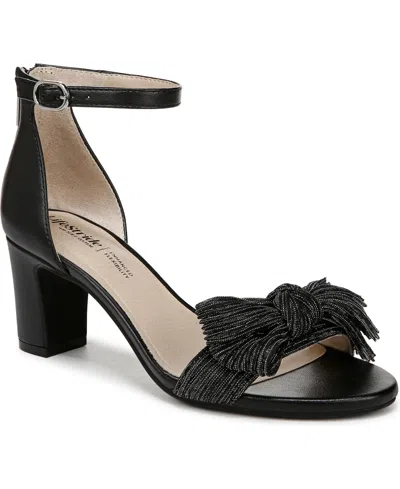 Lifestride Women's Florence-bow Two Piece Block Heel Ankle Strap Sandals In Black Faux Leather,fabric