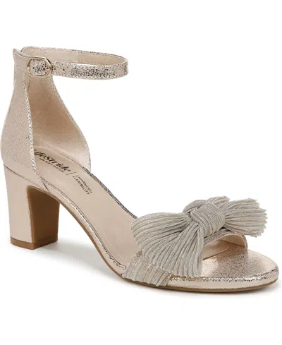 Lifestride Women's Florence-bow Two Piece Block Heel Ankle Strap Sandals In Platino Faux Leather,fabric