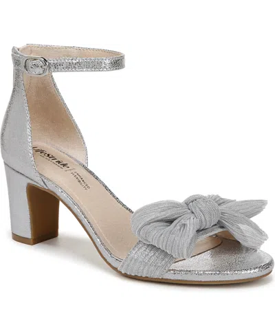 Lifestride Women's Florence-bow Two Piece Block Heel Ankle Strap Sandals In Platino Faux Leather,fabric