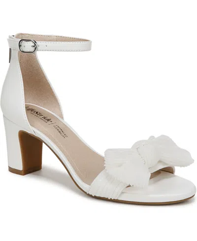 Lifestride Women's Florence-bow Two Piece Block Heel Ankle Strap Sandals In White Faux Leather,fabric