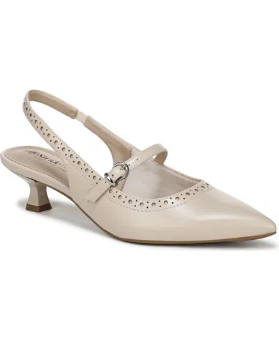 Lifestride Women's Marilyn Pointed Toe Kitten Heel Slingback Pumps In Cream Beige Faux Leather