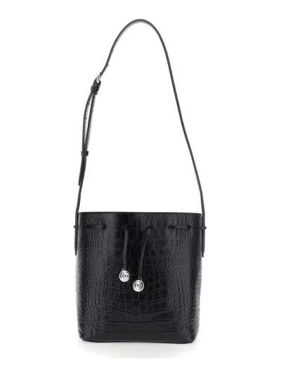 Liffner 25 X 20 X 15 Cm Leather Bucket Crossbody Handbag With Drawstring Closure In Black