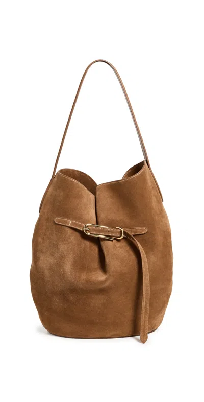 Liffner Belted Large Suede Bucket Bag Saddle Brown Gold Hardware