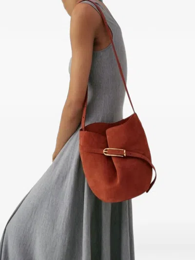 Liffner Belted Suede Bucket Bag In Brown