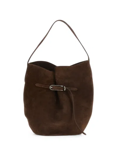 Liffner Large Belted Bucket Suede Bucket Bag In Brown