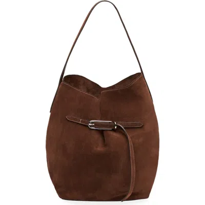 Liffner Large Belted Suede Bucket Bag In Brown