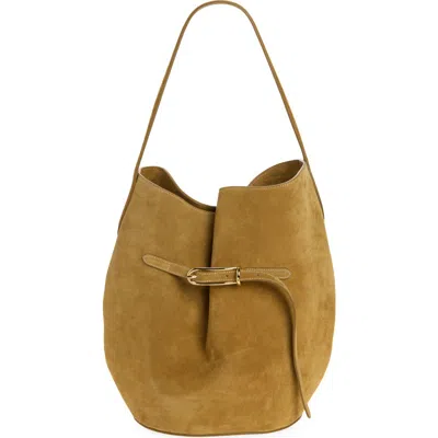 Liffner Large Belted Suede Bucket Bag In Brown