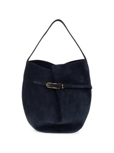 Liffner Large Suede Buckle-detail Bucket Bag In Blue