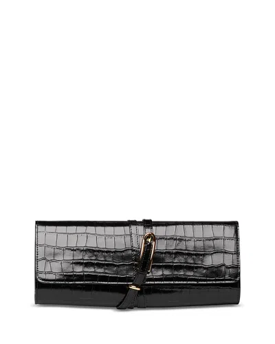 Liffner Leather Belted Clutch In Black Croc Embossed
