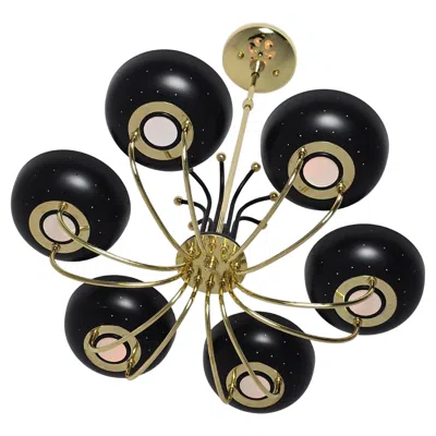 Pre-owned Lightolier 1950s Gerald Thurston 6 Arms Brass Chandelier With Enameled Pierced Shade In Black