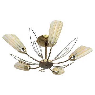 Pre-owned Lightolier 1960s  5 Arms Striped Glass And Brass Flush Mount , Usa In Beige