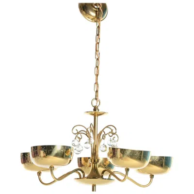 Pre-owned Lightolier Brass And Crystal Chandelier In The Style Of Paavo Tynell In Sand