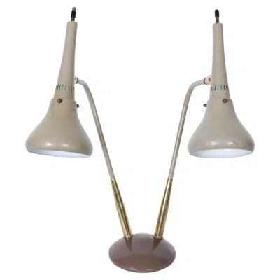 Pre-owned Lightolier Gerald Thurston Taupe Enamel & Brass Double Cone Desk Lamp, Circa 1960 In Brown