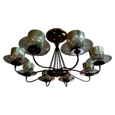 Pre-owned Lightolier Large Gerald Thurston For  Brass, Iron And Glass Chandelier In Black