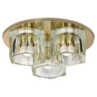 Pre-owned Lightolier Mid-century Hexagonal Glass Flush Mount Chandelier In Brass By  In Sand