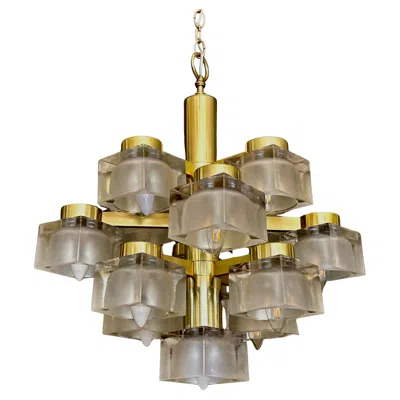 Pre-owned Lightolier Mid-century Modern Chandelier By Gaetano Sciolari, Glass & Brass, Usa In Brown