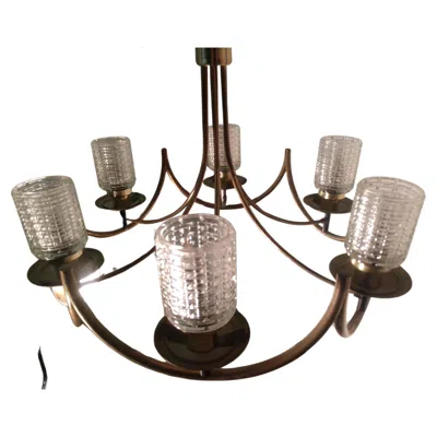 Pre-owned Lightolier Mid-century Modern  Brass With Cast Glass Shades Chandelier In Black
