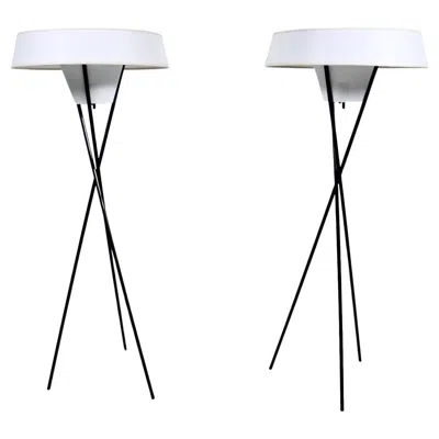 Pre-owned Lightolier Pair Gerald Thurston Black Tripod Floor Lamps With White Shades, 1950's