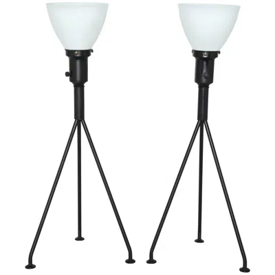 Pre-owned Lightolier Pair Gerald Thurston  Black Iron Tripod Table Lamps With Glass Shades