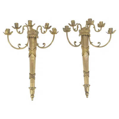 Pre-owned Lightolier Pair Of Antique Regency Revival Bronze Wall Sconces Candle Sticks Mint In Gold