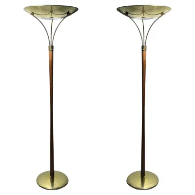 Pre-owned Lightolier Pair Of Flower Like Vintage Gerald Thurston Torchiere Floor Lamps In Brown