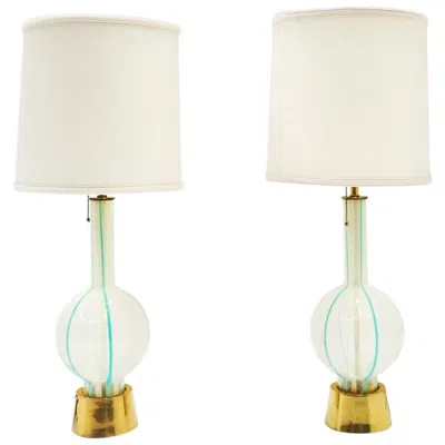Pre-owned Lightolier Pair Of Venetia Table Lamps By , Light Blue And White Striped Glass