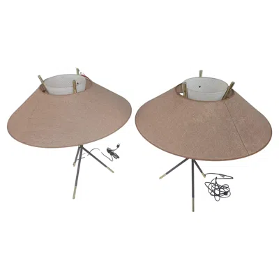 Pre-owned Lightolier Pair Or Mid Century Modern Tripod Table Lamps By Gerald Thurston For  In Brown