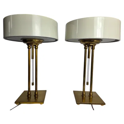 Pre-owned Lightolier Pair Vintage Gerald Thurston For  Brass & Lucite Lamps, Circa 1950s In Sand