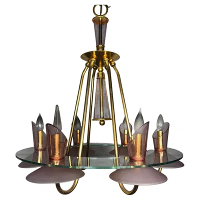 Pre-owned Lightolier Stunning Murano Italian Pink Glass And Brass 6 -arm Chandelier