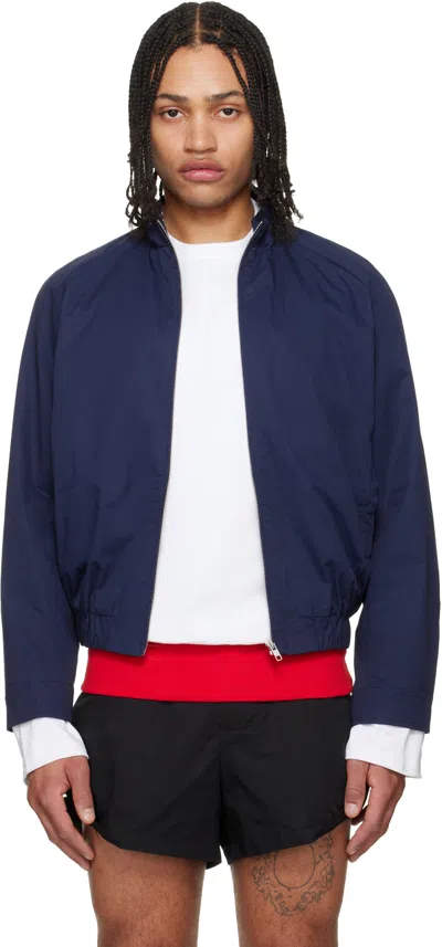 Lii Navy Back Flap Cropped Bomber Jacket In Blue